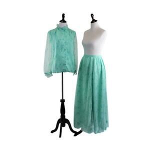 Vintage 70s Seafoam Chiffon Floral Print Blouse and Skirt 2 Piece Set Large